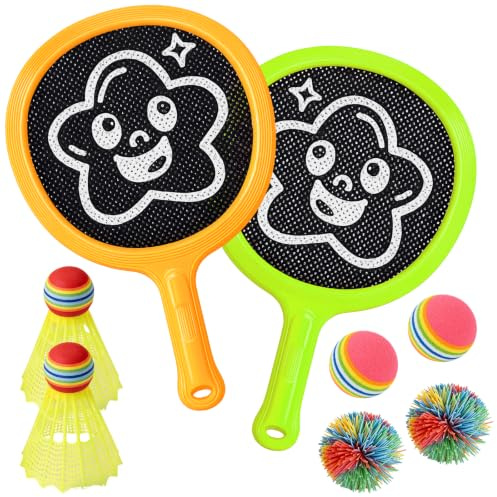Kids Bat and Ball Set with 2 Paddles 2Badmintons 2Shuttlecocks 2Rubber Ball | Lightweight Racket Set Large-Head Beach Paddle for 3+ Years Old and Family Game Indoor Outdoor