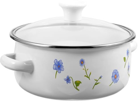 BUGUUYO 1.5l Enamel Stock Pot with Lid Double Handle Design Fast-Heat Conduction Flat Bottom Cooking Pot for Cooking Seafood and Porridge Retro Style