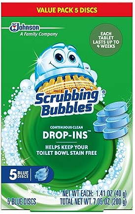 Scrubbing Bubbles Continuous Clean Toilet Drop-Ins, Automatic Blue Toilet Bowl Cleaner, Septic-Safe Tank Tablets Remove Hard Water Minerals & Limescale, Stain & Smell Protection, 5 Count (Pack of 1)