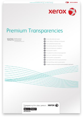 Xerox 003R98204 Premium Universal-Overheadfolie mit gedrucktem Streifen Packung, mit 100 Blatt in DIN A4 für Laser- und Farblaser, klar