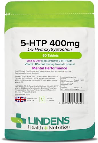 Lindens - 5 HTP 400mg, 60 Tablets - 1-A-Day, UK Made - 50mg Griffonia Simplicifolia Seed Extract 8:1, with Vitamin B5 - Mental Performance - Letterbox Friendly, Vegan