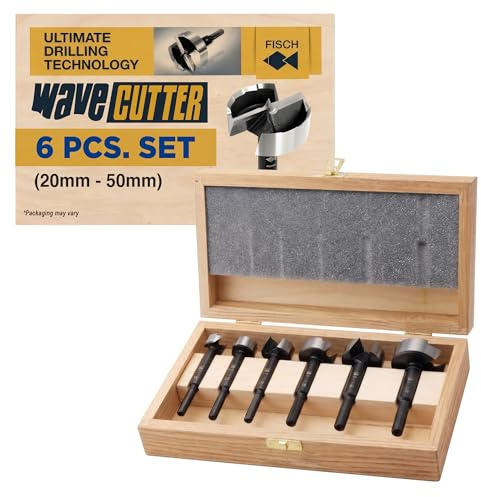 Fisch 03170006K Wave-Cutter Forstner Bit Set in Wooden Case, 0 V, Silver/Beige, 20-50 mm, 6-Piece