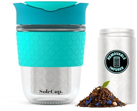 SoleCup. Travel Mug Loose Tea Infuser - Detachable Tea Strainer with Spillproof Lid - BPA-Free Reusable Glass Travel Coffee Cup with Silicone Band (Blue, 340ml / 12oz)