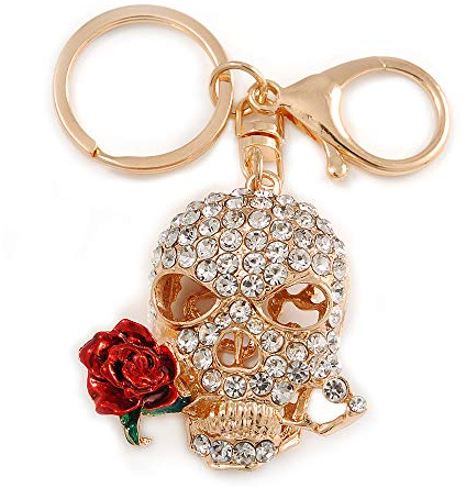 Avalaya Clear Crystal Skull with Red Rose Keyring/Bag Charm In Gold Tone - 11cm L