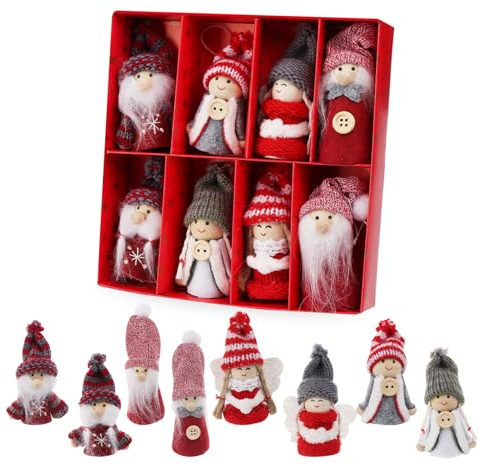 Homewit Christmas Handmade elf, 8pcs(In Pairs) Xmas Ornament Santa & Christmas elf Hang Pendant in Red Gift-Box, Wood Christmas ornament for Xmas Tree, Party Decoration
