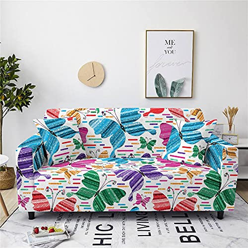 FANSU Stretch Bedruckter Sofabezug, Eleganter Schmetterling 3D Antirutsch Sofabezug mit Armlehnen, L Form Sofabezug/Couchbezug/Sesselbezug für Haus Dekoration (Bunt,2 Sitzer)