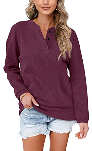Aokosor Womens Sweatshirts Ladies Jumpers for Women UK Long Sleeve Tops Ladies Loose Sweatshirts with Buttons Plain Size 18-20 Fuchsia