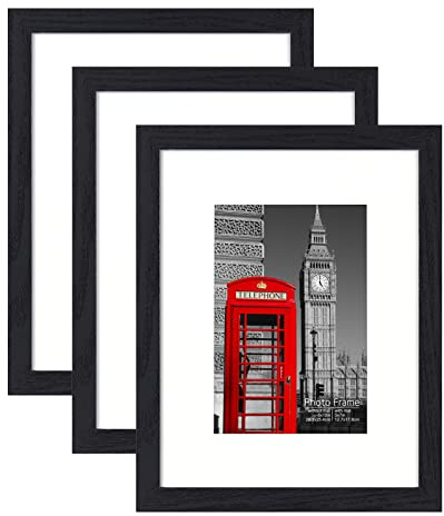 Solid Wood 8x10 Photo Frame Black with Perspex Glass Front | Picture Frames with Mat for 5x7 pictures, Freestanding and Wall Mountable, Pack of 3