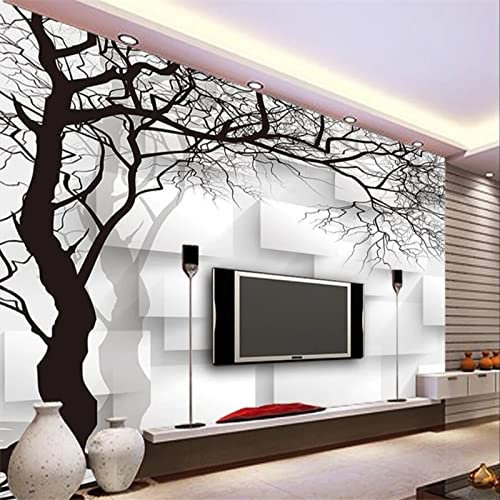 Yimesoy Fotomurali Personalizzati Dipinti A Mano In Bianco E Nero 3D Astratto Albero Scatola Tv Divano Sfondi Sfondi Impermeabile 200Cm(W)×140Cm(H)