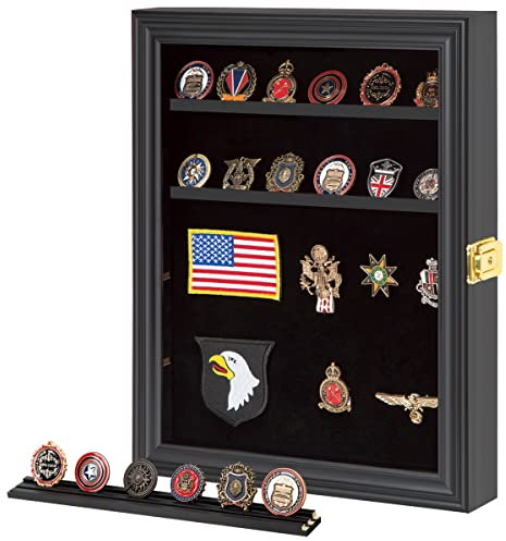 Verani Medaillen Vitrine - Military Challenge Coin Display Shadow Box - Pin Vitrine mit abnehmbaren Regalen und ansteckbarem Hintergrund für Abzeichen Bänder Insignia Buttons klein schwarz