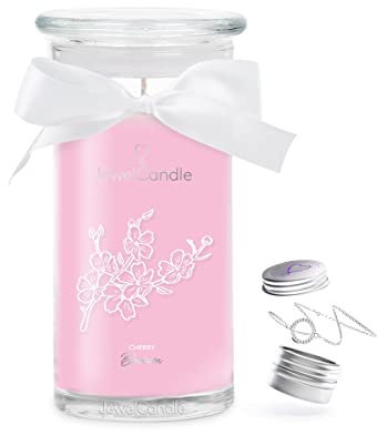 JuwelKerze Cherry Blossom Armband Silber - Schmuckkerze 80 Std - große Duftkerze mit Blumigem Duft - rosane Kerze mit Schmuck Überraschung - Geschenke für Frauen, Geburtstag