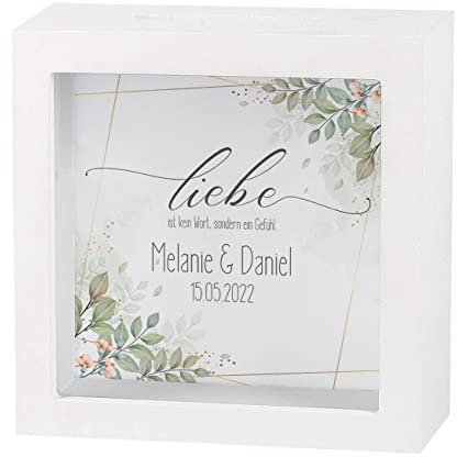 Herz & Heim® Geldgeschenk zur Hochzeit Spardose im Bilderrahmen mit Namen der Eheleute und Datum