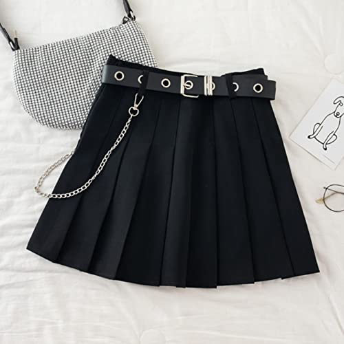 Yujun Schwarzer Faltenrock mit Kettengürtel Punk Rock Girl Cheerleading Belted Minirock Alt Damen E-Girl Outfit