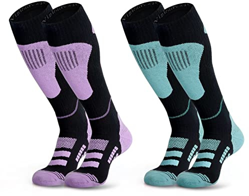 visionreast 2 Paar Skisocken Herren & Damen Merino Wollsocken Atmungsaktive Skistrümpfe Kompressionsstrümpfe Kniehoch für Wintersport, Snowboard Thermosocken Grün/Violett M