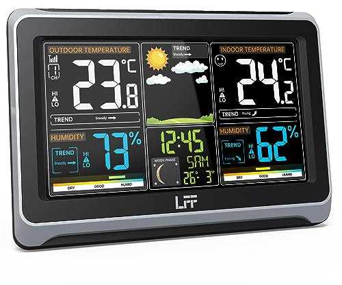 Kabellose Indoor Outdoor Wetterstation, LFF Farbdisplay Digitales Wetterthermometer mit Außensensor, Wettervorhersagestation mit Luftfeuchtigkeit, Home Office Barometer