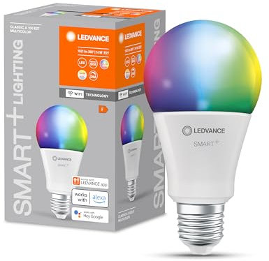 LEDVANCE SMART+ WIFI LED lamp, frosted look, 14W, 1521lm, classic bulb shape with E27 base, color light and white light, app or voice control, life of up to 20,000 hours