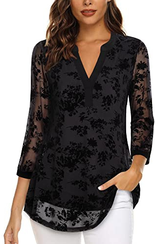Vafoly Business Casual Tunika Damen Bluse Elegant V-Ausschnitt 3/4 Arm Casual Arbeit Oberteil Loose Fit Sommer Blumen Tops Flowy Doppellagig Mesh Tunika Sommer Beflockte Schwarze Blumen L