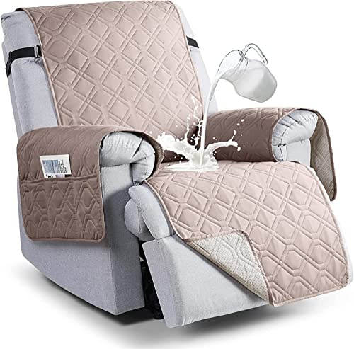 FASCINATDECO Sesselschoner für Relaxsessel Fernsehsessel 1 Sitzer Gesteppt Sesselschoner Sesselauflage Relax mit Armlehnen und Taschen Wasserdicht Sesselüberwürfe Sesselbezug (Khaki,Klein)