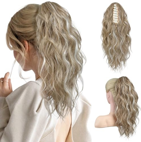 FLUFYMOOZ Ponytail Extension Pferdeschwanzverlängerung, 46 cm Klauenclip Pferdeschwanzverlängerung, gewellte lockige Klauenclip in Pferdeschwanz Haarverlängerungen (Hellblond mit Highlights)