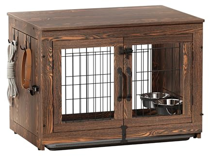 Piskyet Hundekistenmöbel aus Holz mit 360° drehbaren abnehmbaren Hundenäpfen, Hundekiste Endtisch mit Schublade, Doppeltüren Hundezwinger für mittelgroße Hunde innen (M: 31,8 L x 22,1 x 24,1 H,