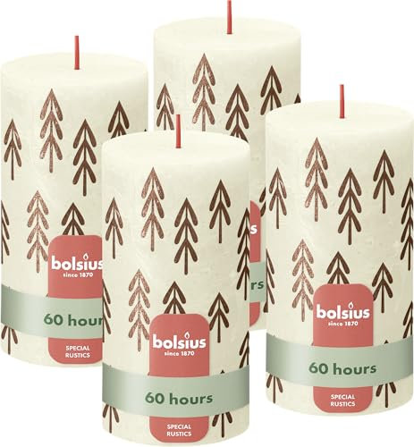 Bolsius Candele rustiche Silhouette - avorio con stampa - 4 pezzi - 9,5 x 9,5 cm - candela domestica - cera vegana - senza olio di palma - decorazione natalizia - Avvento - Natale decorazioni casa