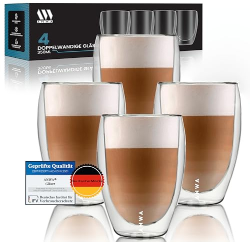 ANWA® 4 termoglas med dubbla väggar (350 ml volym) – kaffeglas – cappuccinoglas – latte macchiato-glas