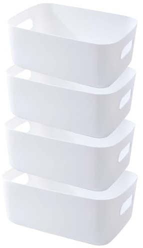 EURXLQ 4 Stück Aufbewahrungsbox Kunststoff Aufbewahrungskorb mit Griffen Eingedicktes Badezimmer Organizer Küchenschrank Körbe Aufbewahrung Kunststoffbox für Badezimmer Küche (Weiß, 25×18×10 cm)