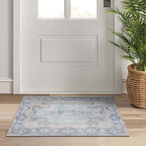 TALETA Fußmatte innen waschbare, dünn Fussmatte bunt, Kleiner Teppich Vintage Bettvorleger rutschfest für Schlafzimmer, fußmatten für Haustür, Küche, Ecke, Vor dem Bett - blau, 50 x 80 cm