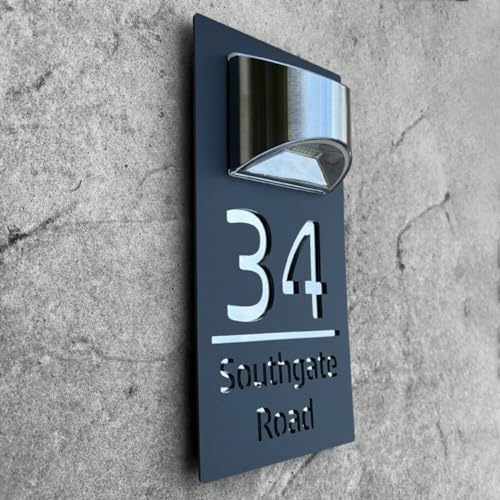 Plaques de numéros de maison personnalisées avec lampes solaires - Découpe au laser - Numéro de porte, adresse, nom de rue - LED moderne pour maison, bureau, hôtel (argent)