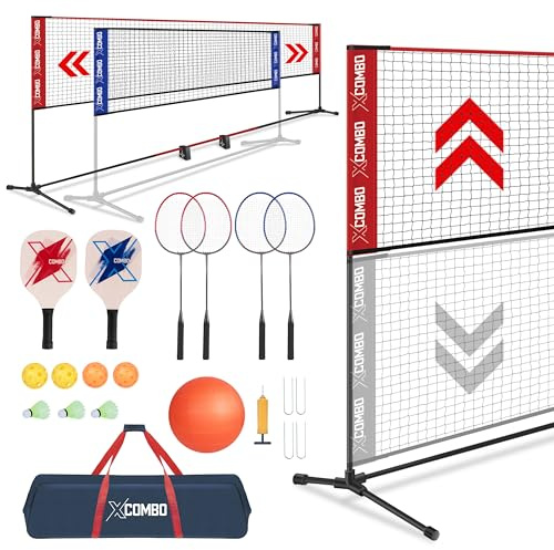 JOLORLY Badmintonset för bakgårdar, barn volleyboll pickleball kombo set med nät, justerbar bredd och höjd (4 m/6 m bredd x 2,1 m max höjd) bärbart fristående racketar set