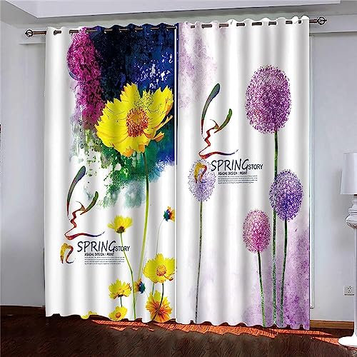 3D Kinderzimmer Verdunkelungsvorhänge Gelbe Lila Modeblumen,3D-Gedruckte Vorhänge Wohnzimmer Bürovorhänge Energiesparende Geräuschreduzierende Kindergardinen 2 X 91.5 X 214 cm - Vorhang Fü -3J3L9F0F2