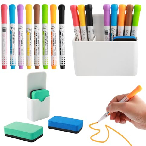 KAHOUI Whiteboard-Stifte-Set, 8 ungiftige und grüne Whiteboard-Marker, löschbar, 2 magnetische Stifthalter aus Kunststoff für Kühlschrank, 4 EVA-Magnet-Whiteboard-Radierer, für Schule, Zuhause, Büro,