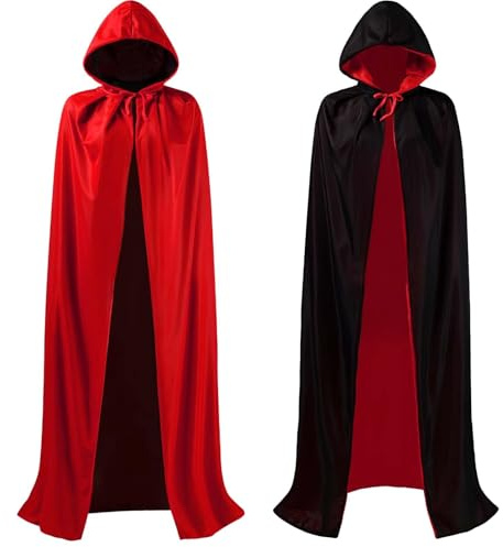 Halloween Kostüm Vampir Kostüm Umhang mit Kapuze für Damen, Herren, Gruselig Erwachsene Vampire Costume für Karneval, Fasching, Vampirumhang Beidseitig Rot & Schwarz