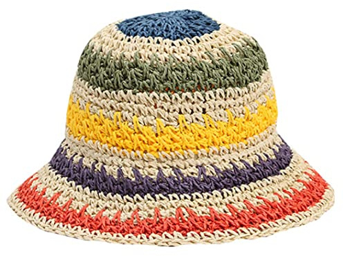 Gcroet Sombrero de Borde Ancho Plegable Sombrero Colorido de Crochet de Crochet, Sombrero de Cubo de Paja, Sombrero de Visera al Aire Libre UPF 50+ Verano para Mujeres niña
