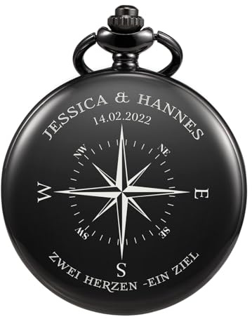 TREEWETO Taschenuhr mit Gravur, Personalisiertes Hochzeitsgeschenk, Geschenk für Paare mit Kompass Knoten, Personalisiert mit Namen und Datum