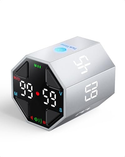 Ticktime Pomodoro Timer Cube Würfel, Achteck Flip-Uhr, Pause & Fortsetzen, Stumm, Vibration & Einstellbarer Alarmton, 3/5/10/15/30/45/60min & Individueller Countdown, Silber