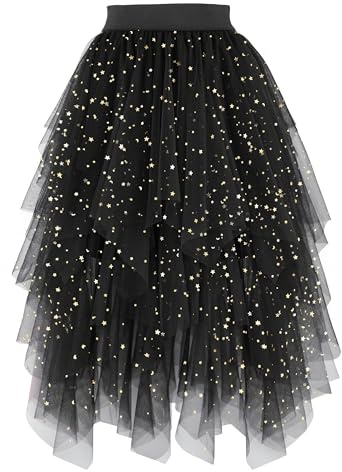 PUKAVT Tulle Skirts for Women High Waist Elastic Midi Skirt A-line Irregular Layered Mesh Tutu Skirts Sequin Black S