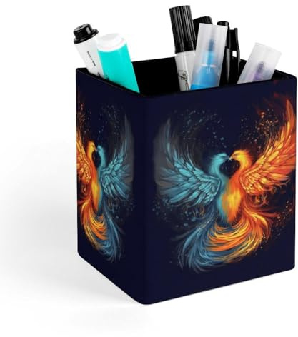 HKMNTGD Quadratischer Stifthalter aus Leder für Schreibtisch, Feuer und Wasser, Phoenix-Druck, Cartoon-Thema, bedruckt, quadratisch, Stiftehalter, Tasse, Schreibtisch-Organizer, Bürozubehör,