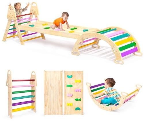 7in1 Extra Large Pikler Triangle Set, Indoor Climbing Toys for Toddlers, Foldable Wooden Montessori Climbing Set with Arch, Ramp & Ladder Baby Indoor Playground Jungle Gyms for Toddlers