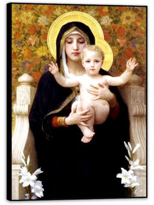 Hau3sh3a William Adolphe Bouguereau Kunstdrucke Die Madonna mit den Lilien Poster religiöse Leinwand Wandkunst Vintage-Heimdekoration 85x60 cm (33x24in) schwarz gerahmt
