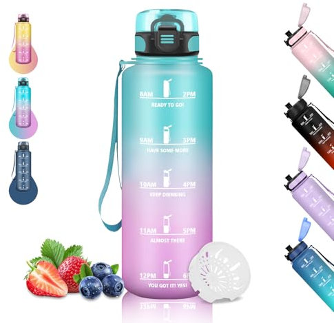 Borraccia Motivazionale 1,5 Litri con Filtro Senza Perdite - Facile da Pulire per Corsa, Trekking, Campeggio, Ciclismo - Verde-Rosa