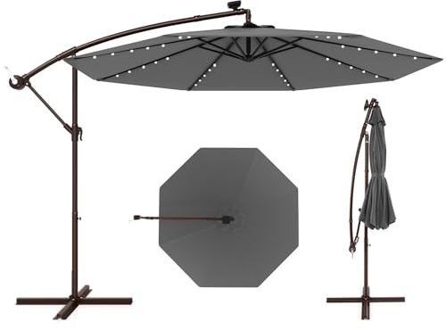 TANGZON 3m Lighted Garden Parasol, Heavy Duty Offset Patio Umbrella with 40 LED Lights, Cross Base, Solar Panel Batteries, Crank & Tilt Adjustment, Outdoor Cantilever Roma Umbrella