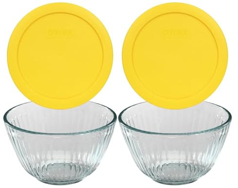 Pyrex (2 ensembles de bols à mélanger 7401 à 3 tasses en verre sculpté et (2 ensembles) couvercle jaune 7401-PC (3 tasses – couvercle jaune – lot de 2)