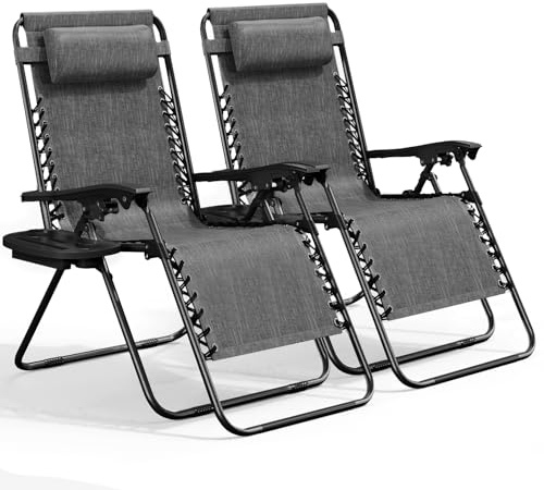 Nestl Zero Gravity Chairs Set of 2, Patio Lounge Chair Outdoor with Pillows & Cup Holder Trays, Adjustable Steel Mesh Reclining Camping Chair, Folding Patio Lawn Chair for Deck, Beach, Yard - Grey