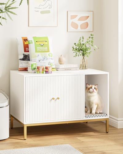 Apetaccat Katzenklo Schrank, Katzenkloschrank mit Doppeltüren, Katzenhaus mit Kratzmatte, hohe Beine, für Katzentoilette, Beistelltisch, 80x50x55 cm, weiß,Senkrechte Streifen