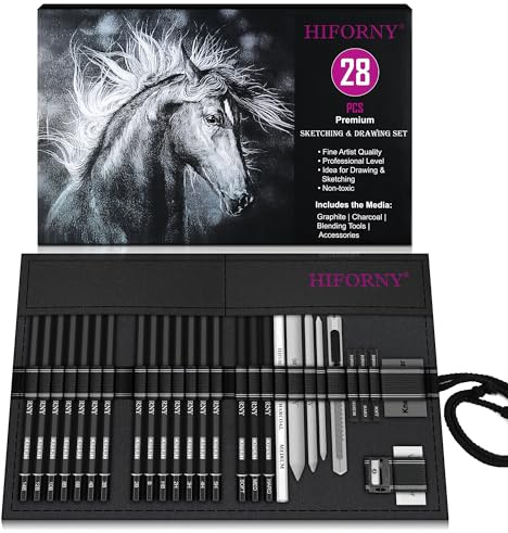 HIFORNY Lot de 28 crayons à croquis, crayons à croquis, fournitures artistiques avec graphite, fusain, outils de mélange, accessoires, kit de dessin pour adultes et artistes dans un étui enroulable en