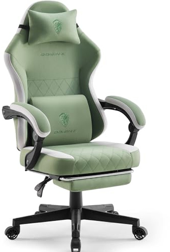 Dowinx Gaming Stuhl Stoff mit Taschenfederkern, Ergonomischer Schreibtischstuhl mit Fußstütze, Flachem Sitz ohne Seitenflügel, Atmungsaktivem Stoff Gaming Chair für Erwachsene, bis 150 kg, Grün