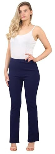 Ladies Stretch Bootleg Trousers – Soft Ribbed Work Pants with Elastic Waist – Women’s Flared Leggings Navy Pull On Office Bottoms – Petite & Plus Size-(Navy 14W/27L)