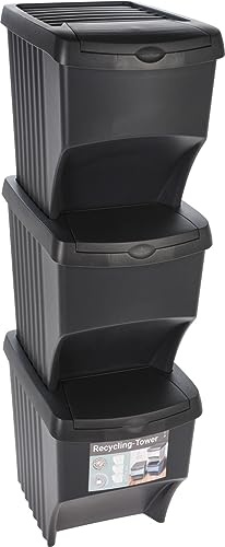 Muddy Hands 3-Piece 22L Black Stackable Recycling Bin Set – Modern Space-Saving Waste Separation Boxes with Easy-Access Lids for Home or Kitchen