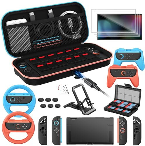 ivoler 21-in-1 Accessories Bundle Kits for Nintendo Switch 2 - Includes Charging Carrying Case, Protective Case, Screen Protectors, Steering Wheels, Game Stand,Joycon Controller Grips,Game Card Case